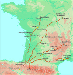 kaart frankrijk met vier pelgrimsroutes