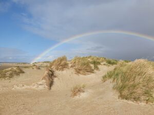 regenboog overspant duinlandschap