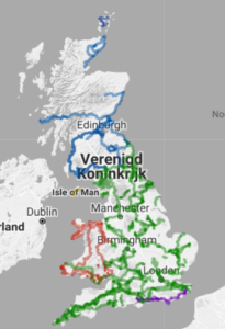 kaart van Engeland met caminoroutes